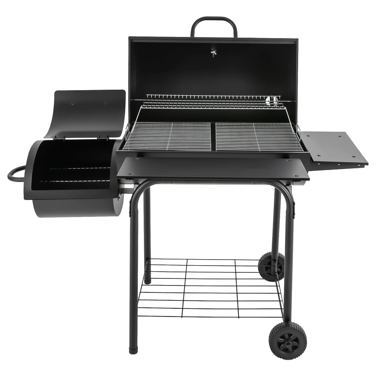 Großer schwarzer Holzkohlegrill mit Seitentischen, 4-6 Personen Outdoor-Grill mit Thermometer & Rädern, robuster tragbarer Holzkohlegrill für Garten, Camping und Picknick (Schwarz) – Detail 5