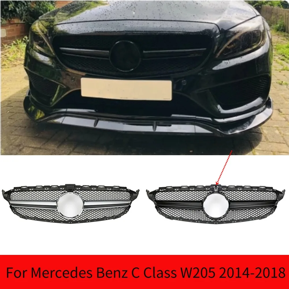 For Mercedes Benz C Class W205 2014-2018 Grille Upper Racing Grill  C200 C250 AMG Style Silver Car Front Bumper Hood Mesh Grid