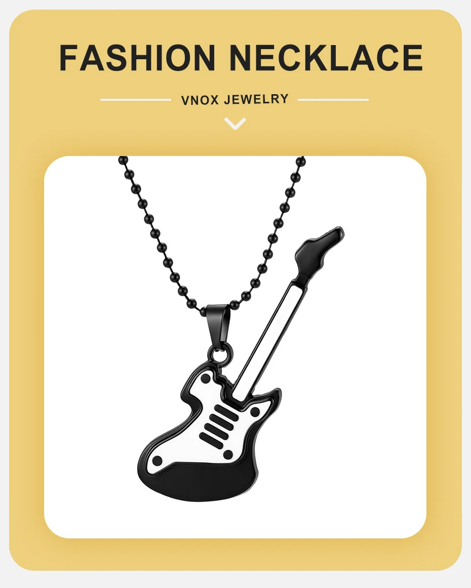 Vnox Herren Gitarren-Anhänger Halskette, Perlenkette Schwarz-Weiß Emaillierter E-Gitarren-Anhänger Halsketten Rock-Musik-Schmuck Party-Geschenk – Detail 1