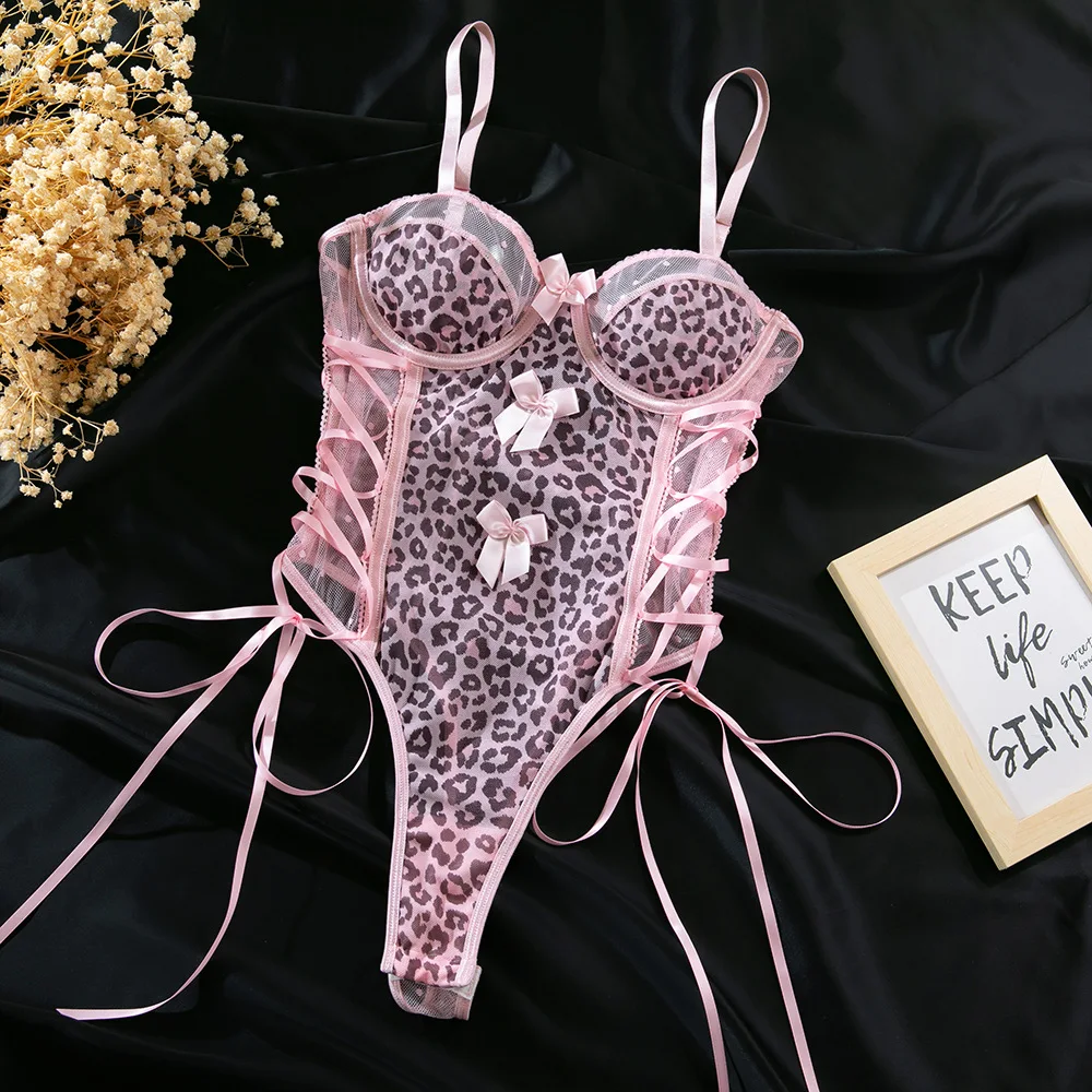 

Women Sexy Leopard Erotic Set Elegant Thin See Through Lingerie Bodysuit Bow Mesh Underwear Party Club Sleepwear Sexy Costumes