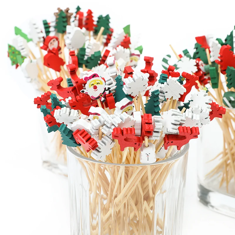 

100Pcs Christmas Bamboo Disposable Toothpicks Santa Fruit Skewer Cocktail Picks Food Salad Fork Cake Toppers For Xmas New Year