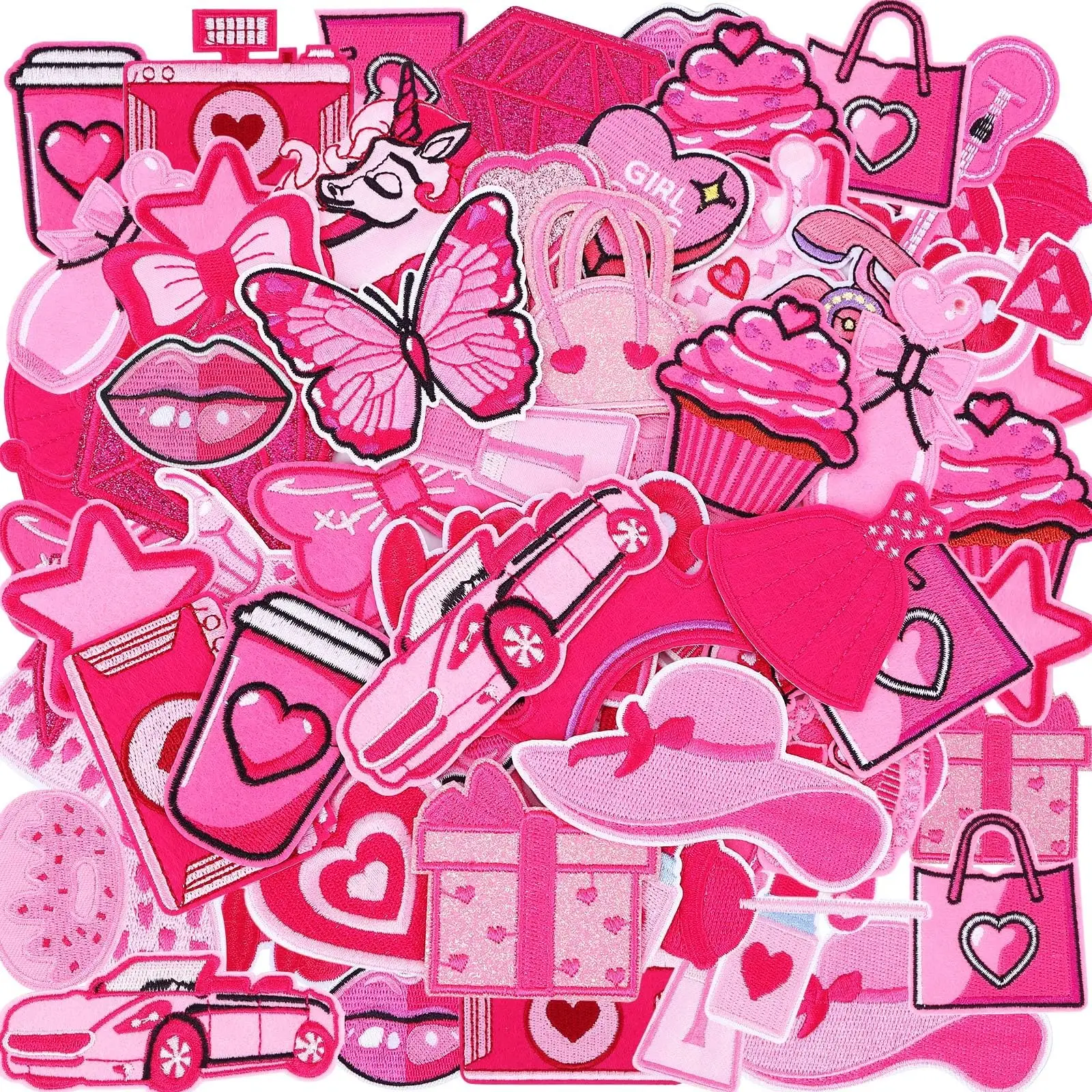 Zufällige 10er-Packung Rosa Stickerei-Aufbügler mit Girly Rosa Schleifen – Modische Applikationen für Damenbekleidung, Taschen und Dekoration
