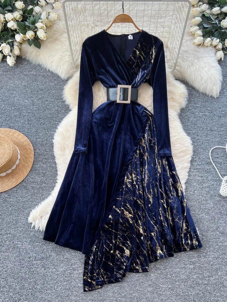 Ele Velvet Dr V-Ne Sparkling Patchwork Asymmetrical Belt High Waist A-Line Skirt Long Sve Ci Commute Suitable