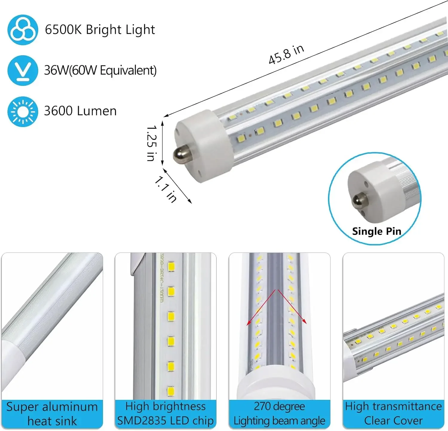 White 4ft T8 LED Tube Lights 45.8in F48T12 Replacement 10 Pack | Single Pin FA8, 6500K 36W 3600lm, Type B Ballast Bypass, Double