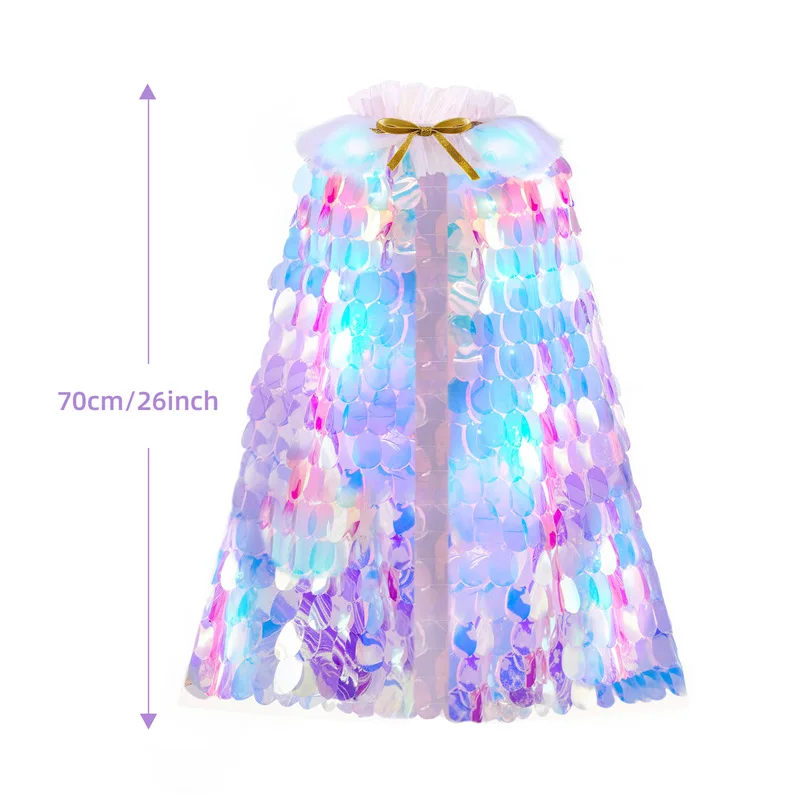 New Sparkling LED Beaded Mermaid Princess Cape Colorful Light‑Up Cloak Adorable Accessory for Children Holiday Birthday Party