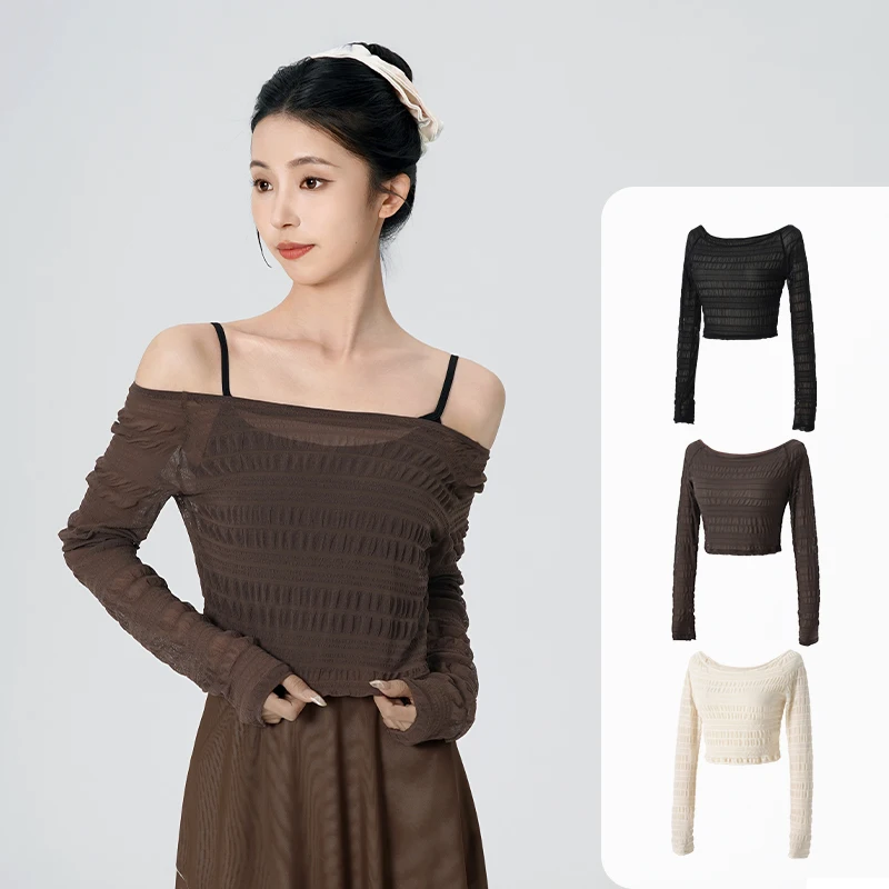 Ivoogle Adult Off-The-Shoulder Ruched Mesh Top with Stacked Sleeve Natural Pleated Loose Straight Leg Ballet Trousers Casual Set