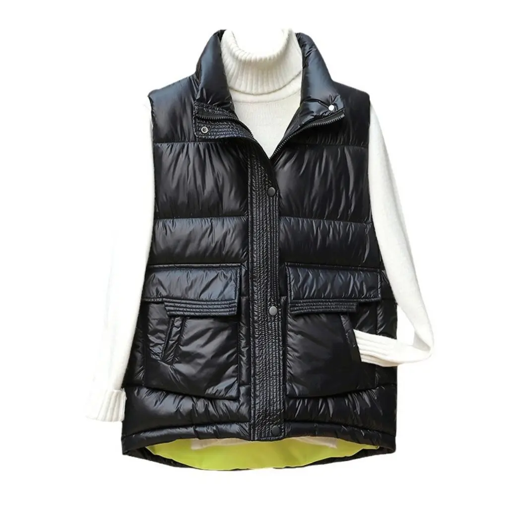 

Женский пуховый хлопковый жилет в корейском стиле, свободный крой с большими карманами, короткое глянцевое пальто без рукавов для осенне-зимней моды