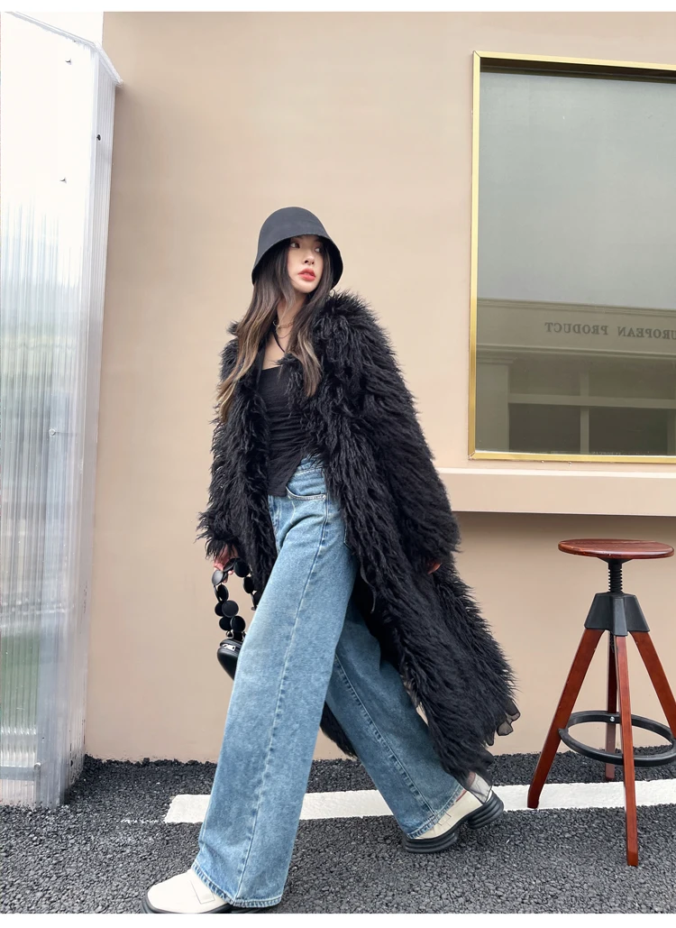 Lady Personalized Black Faux Fur Coat with Peplum Hem Female Streetwea Long Jacke Winter Coats For Wome