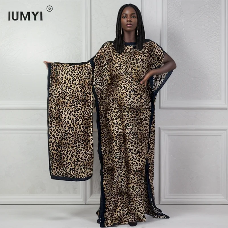 

2024 WINYI Leopard print Crew Neck Kaftan Abaya, Modest Batwing Sleeve Maxi Dress With A Hijab, Women's Clothing Africa dress