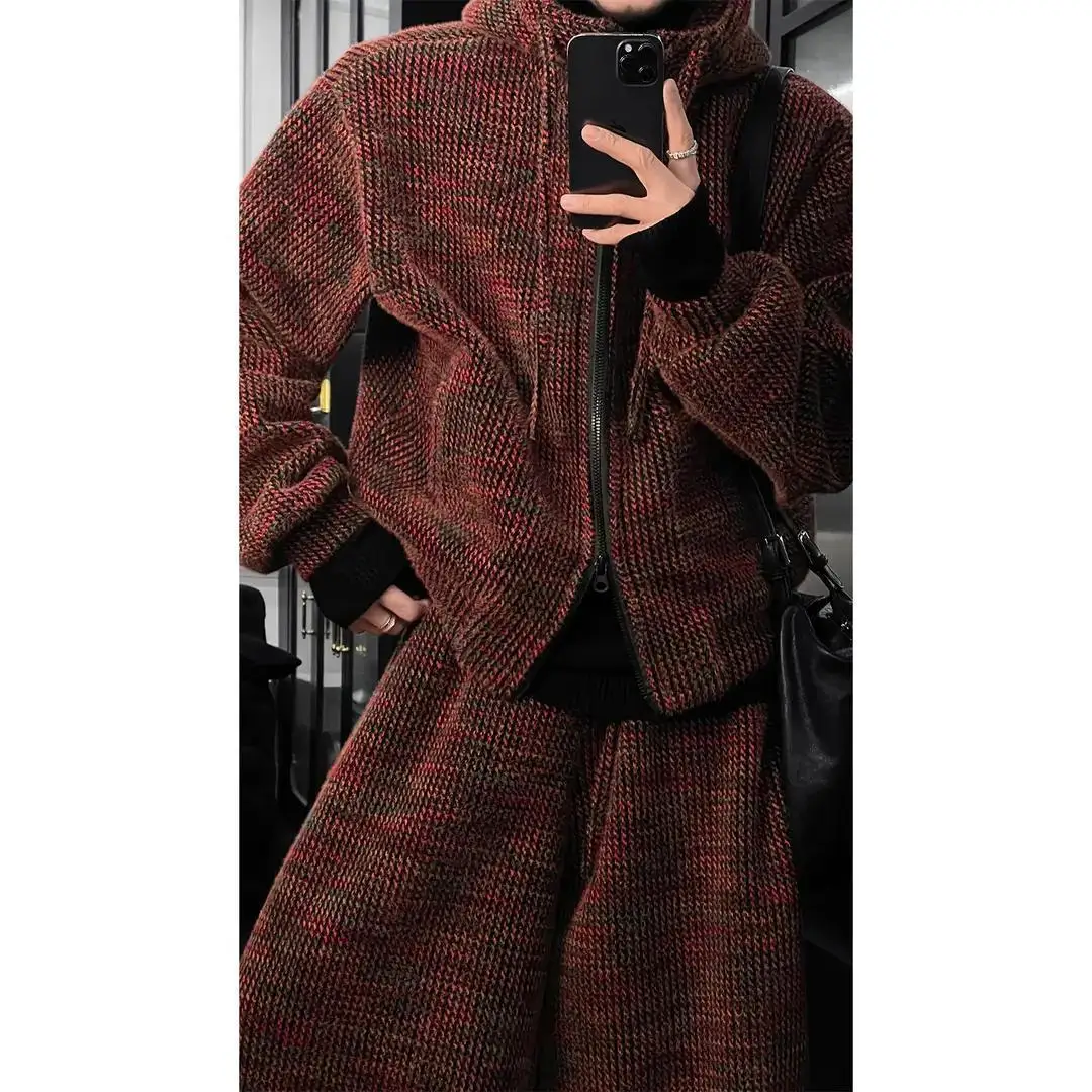 

New autumn and winter collection: men's American retro designed knit versatile hooded sweater with loose wide-leg pants set