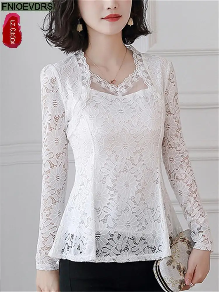 2022 Summer Women Blouse Fashion Office Lady Hollow Out Lace Sheer Mesh Black Lace Vintage Retro Tunic Peplum Tops