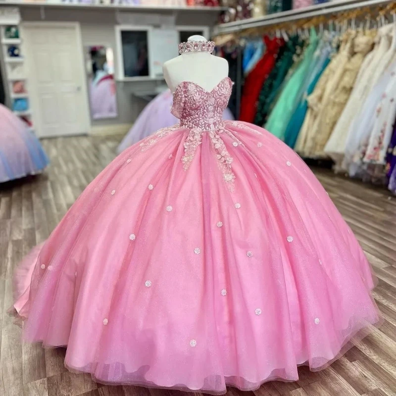 

Pink Shiny Sweetheart Ball Gown Quinceanera Dresses Flowers Appliques Lace Beads Corset Prom Vestido De 15 Anos