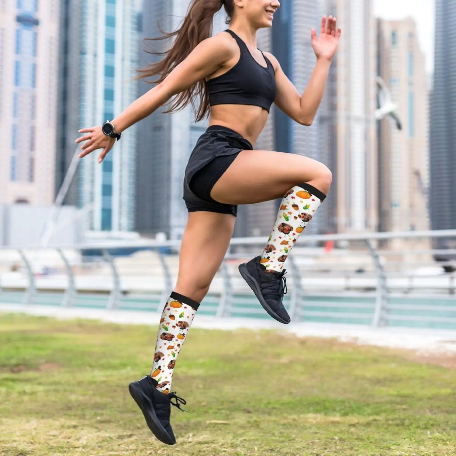 Kaus Kaki Kompresi Hari Thanksgiving Motif Labu dan Ayam, Kaus Kaki Penyangga Setinggi Lutut untuk Wanita Pria, untuk Lari, Olahraga, dan Mendaki