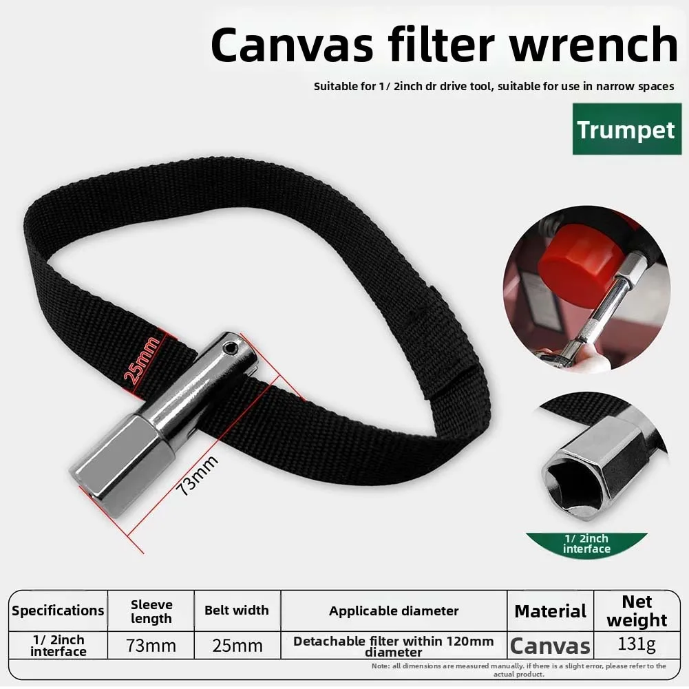 Oil Filter Wrench with Canvas Housing and Adjustable Nylon Strap for Quick Release on Tight Filters Using 12 Inch Ratchet