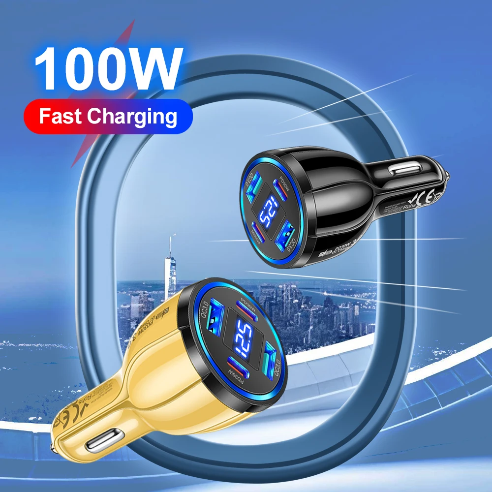 

Автомобильное зарядное устройство 100 Вт, USB-адаптер для быстрой зарядки телефона для iPhone Samsung Huawei Xiaomi PD Quick Charge 3.0 Type C Зарядное устройство в автомобиле