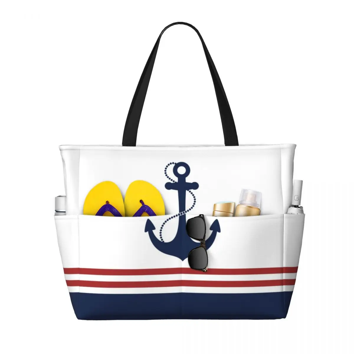 Custom Large Nautical Navy Blue Anchor With Stripes Tote Bag for Women Sailing Sailor Shopping Shoulder Beach Gym Travel Bag