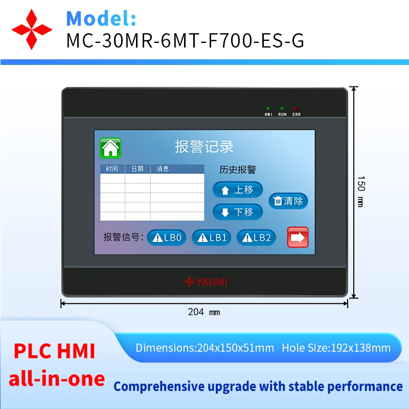 YKHMI 7'' PLC HMI All-In-One Integrated Logic Controller, Compatible ES With AD/DA, 1 RS485 & 4 High Speed Pulse 100K