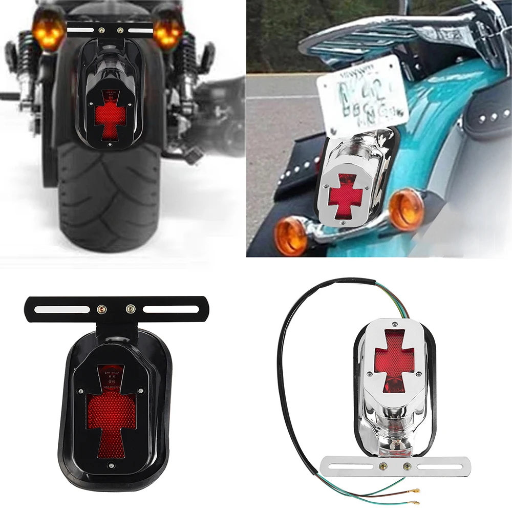 Motorcycle Rear Fender Brake Lamp w/ License Plate Lights Tombstone Skull Cross Tail Light For Harley Chopper Bobber Custom - view 5
