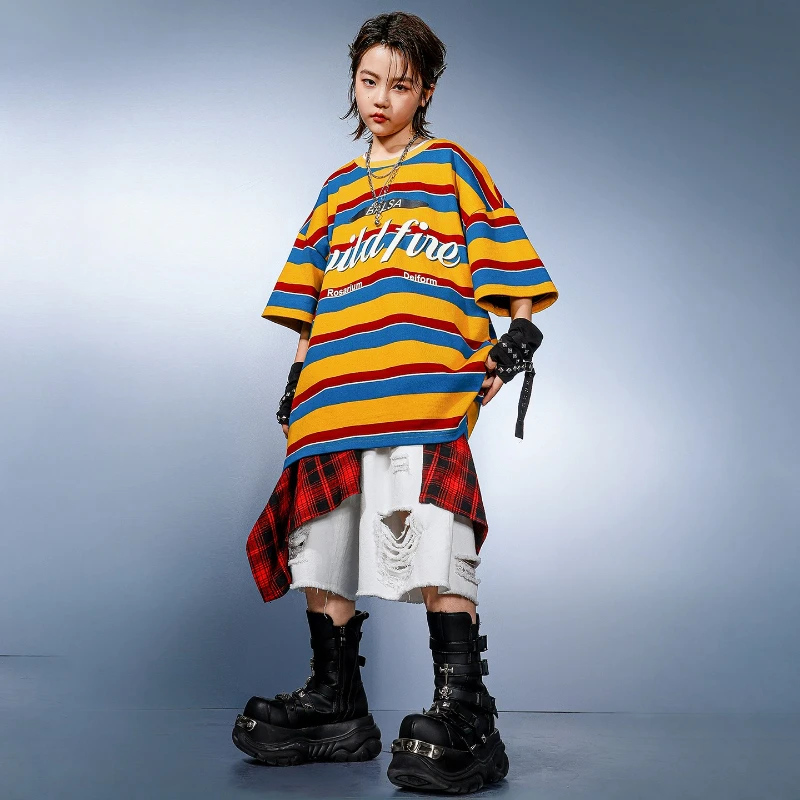 Costume Hip Hop pour garçons, chemise ample à rayures, Short blanc, tenue de danse de rue, ensemble à manches courtes, vêtements de danse Jazz de groupe
