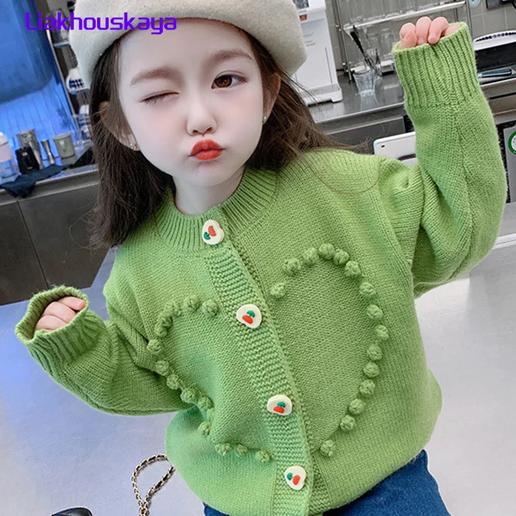 2-7 Jahre Kleinkind Mädchen Strickjacke mit Süßem Herzmuster Pullover Mantel Kinder Mädchen Weiche Lässige Oberbekleidung Mode Frühling Herbst