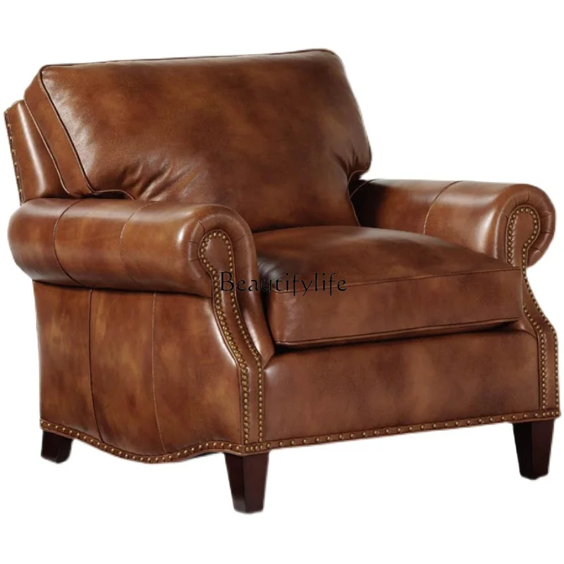 American Country Full Leather Solid Wood Sofa Villa Living Room Vintage Oil Wax First Layer Cowhide