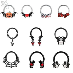 ZS 1PC Black Color Septum Ring Snake Pumpkin Bat Nose Piercing Stainless Steel Nose Clicker Ear Helix Cartilage Piercings 16G