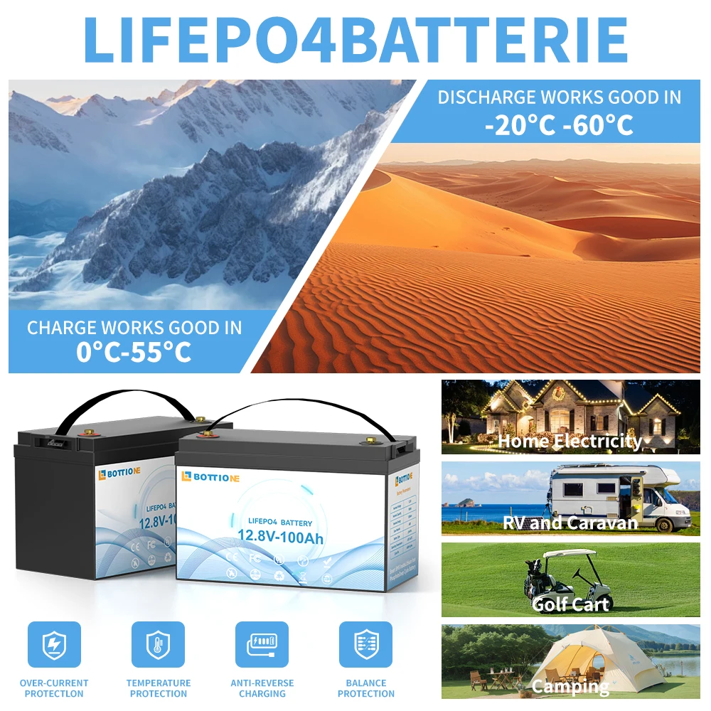 Factory Price For BOTTIONE LiFePO4 Battery 12.8V 100Ah With 100A BMS Energy Storage Battery For RV Campers Marine Trolling Motor