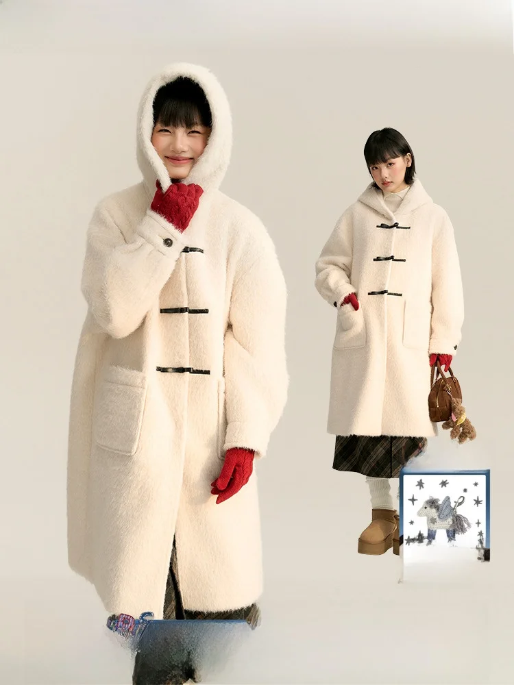 

TAKEANAP Winter Long Woolen Coat Women's Hat Knot Leather Horn Button Outwear Sweet College Sle Loose Fit Coat