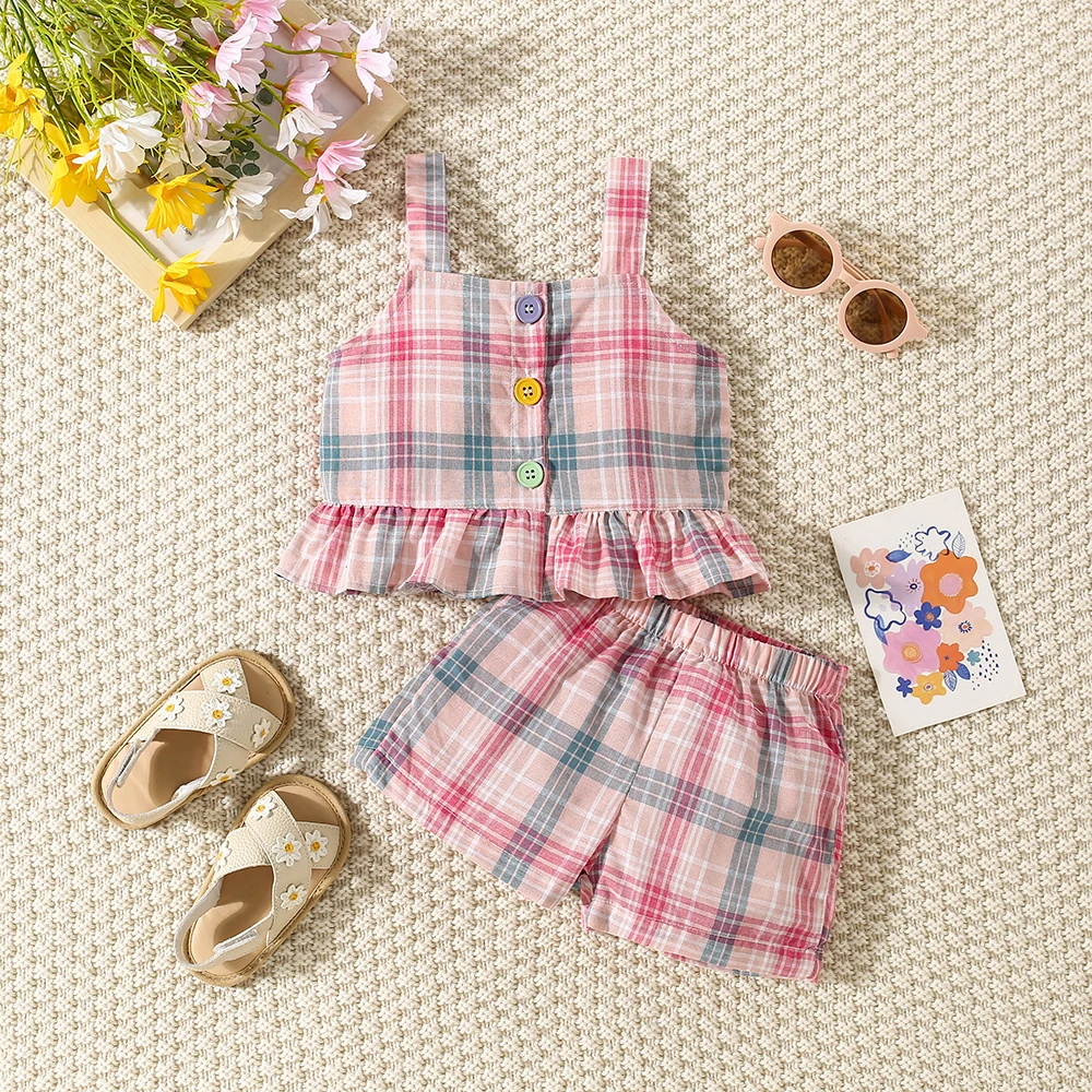 Summer Baby Girl Cotton Colored Plaid Suspender Top And Shorts Set, Cute Lace Small Fly Sleeve Beach Two-Piece Set For Girls