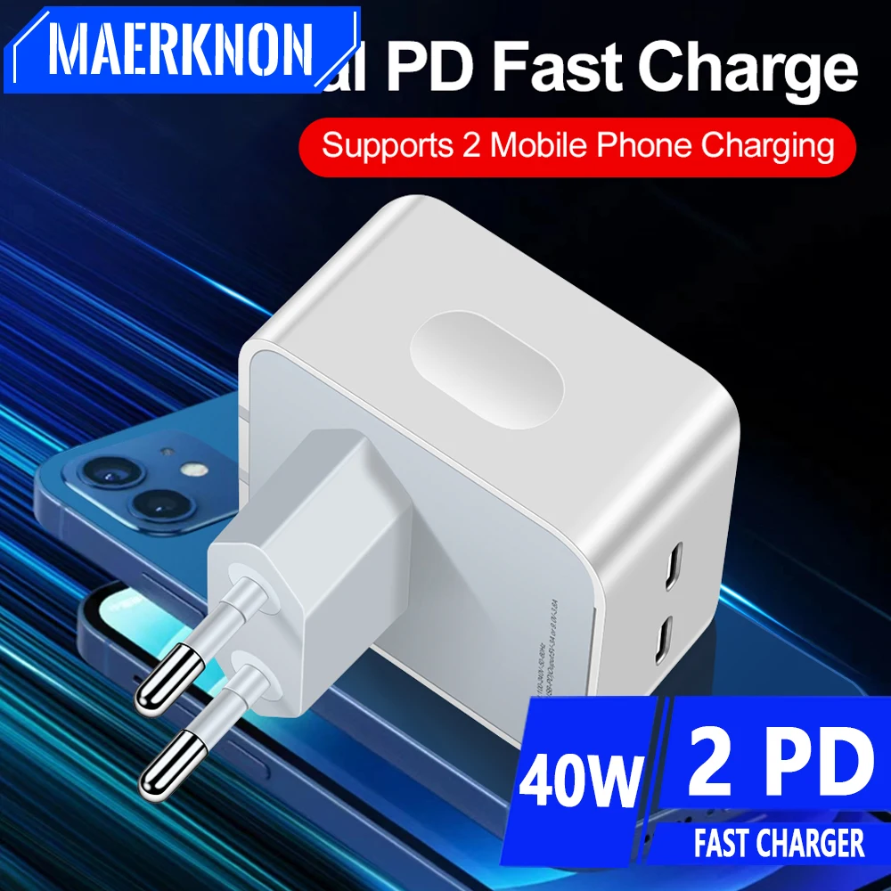 40W Type C Charger Fast Charging Dual Ports Quick Charge For iPhone 13 14 15 Pro Xiaomi 14 Huawei  Samsung Galaxy USB C Charger