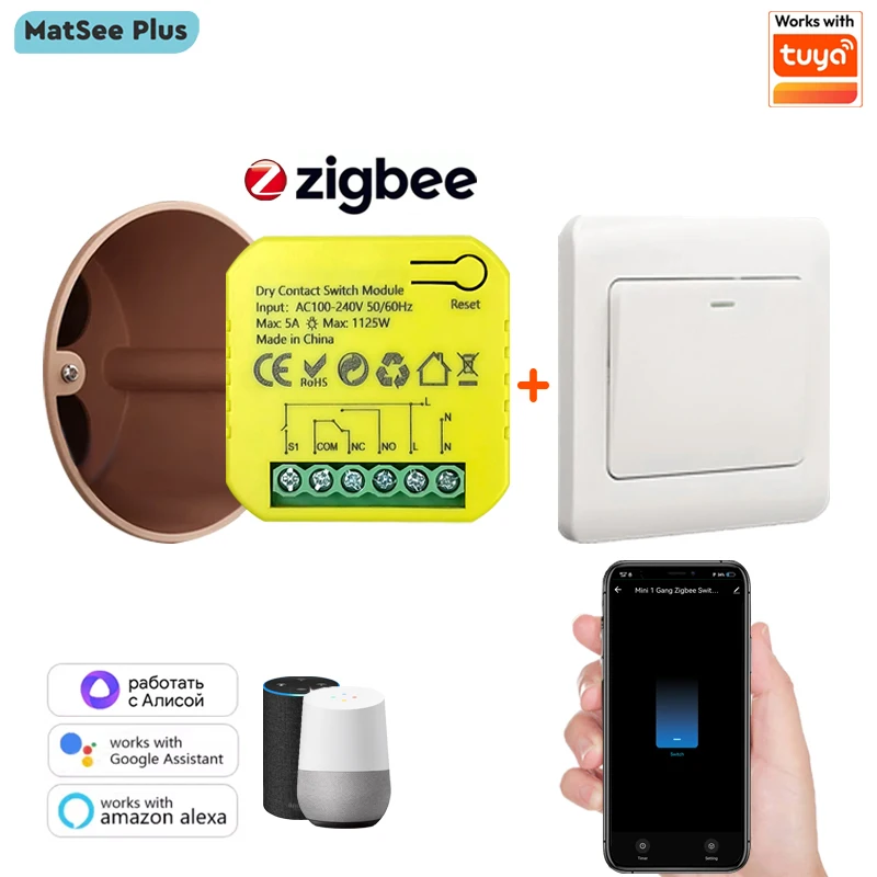 Smart ZigBee Dry Contact Switch Relay 5A Module App Remote Control Timing AC100-240V Supports Google Home Alexa