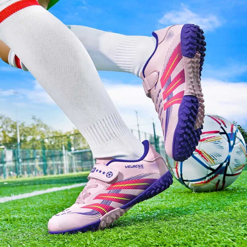 Sepatu Latihan Sepak Bola Pink Super Star Fashion untuk Anak-anak, Sepatu Futsal Profesional Indoor dengan Perekat Hook-loop untuk Anak