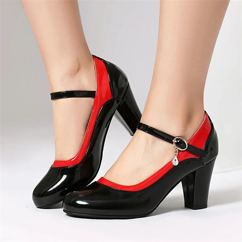 

Plus Size 34-46 Ankle Strap Shoes Women 2025 Spring Autumn Round Toe Patent Leather Bordered Party Office Lady Pumps OL