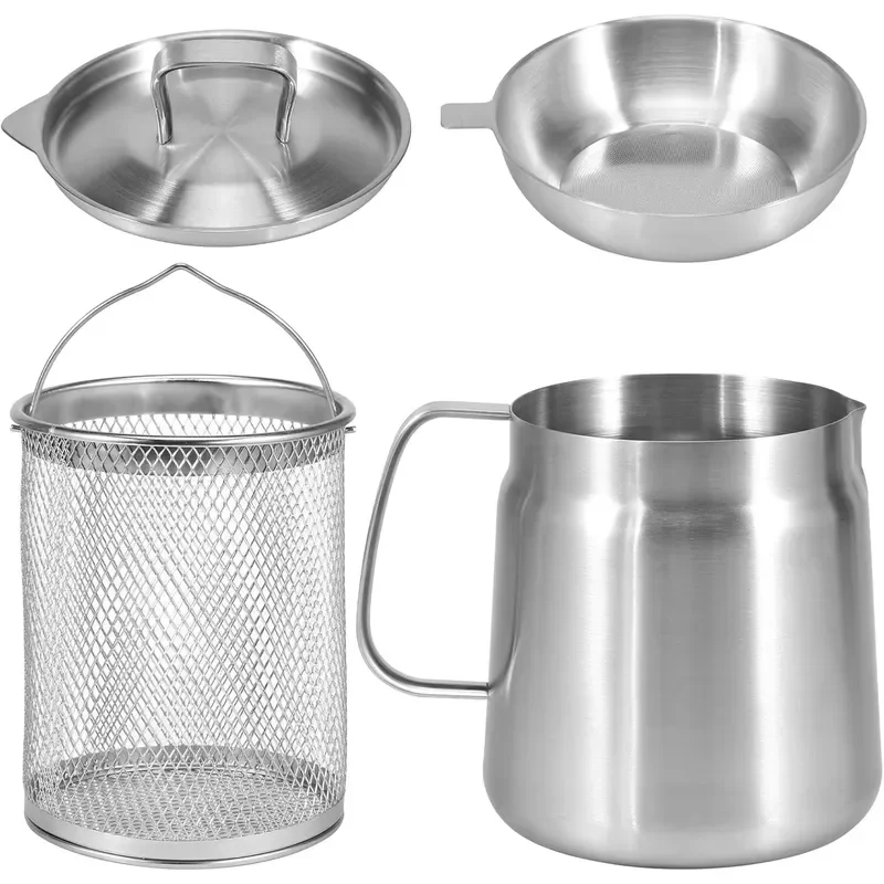 EE1 Oil Strainer Pot 1.5L 2L Large Capacity Oil Storage Can with Filter Lid and Frying Basket 304 Stainless Steel