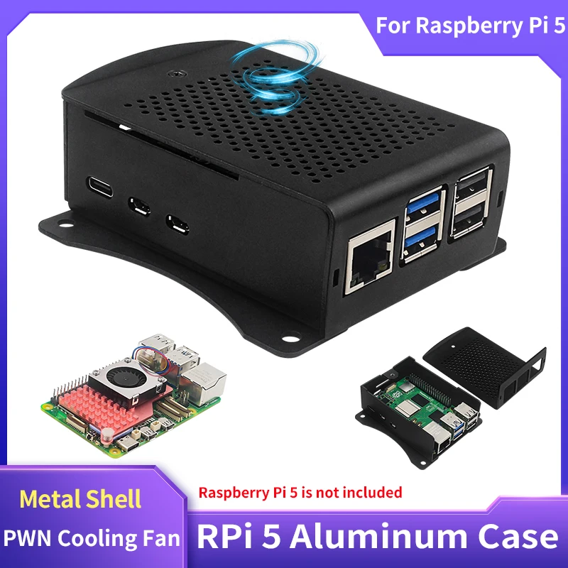 Raspberry Pi 5 Metal Case Aluminum Alloy Shell Optional Adjustable PWN Cooling Fan Copper Aluminum Heatsink for Raspberry Pi 5