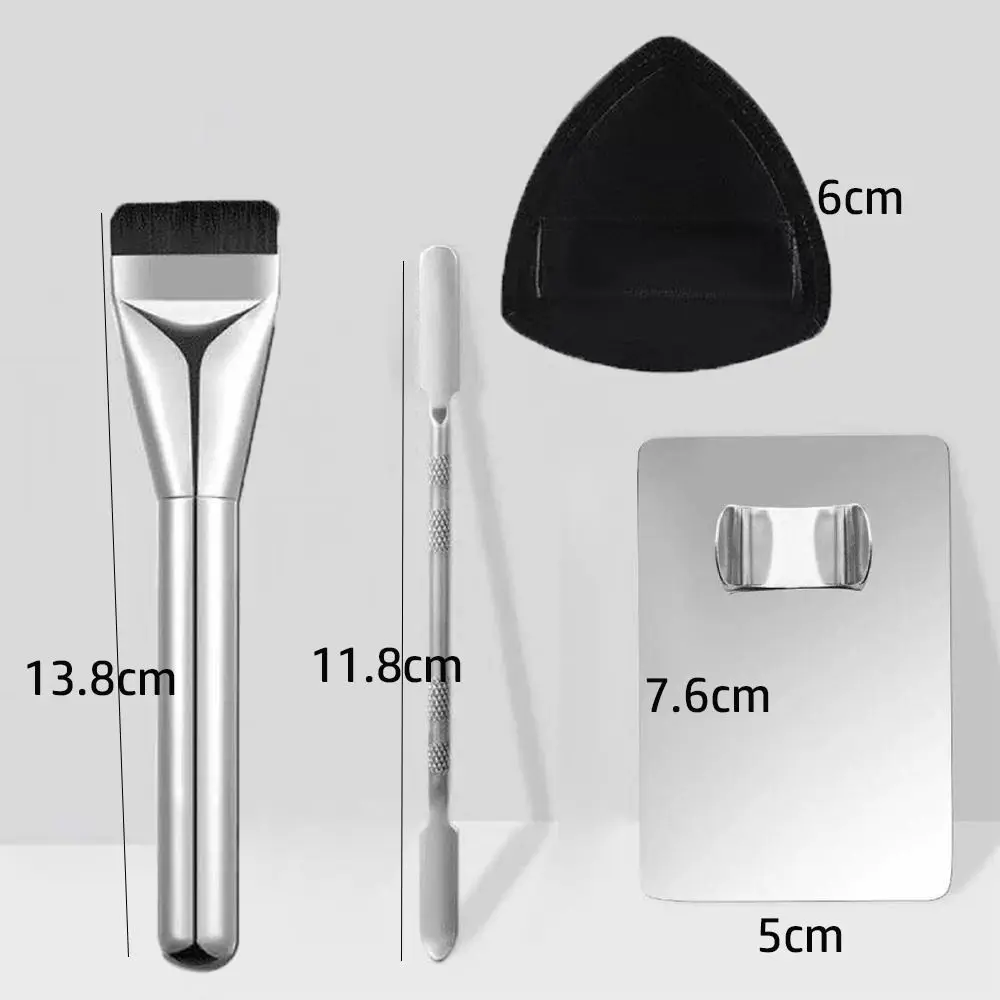 4 Stuks Rvs Make-Up Tool Kits Ring Mengplaat Schoonheid Mengen Spatel Staaf Met Poederdons Spatel Cosmetische Borstel set