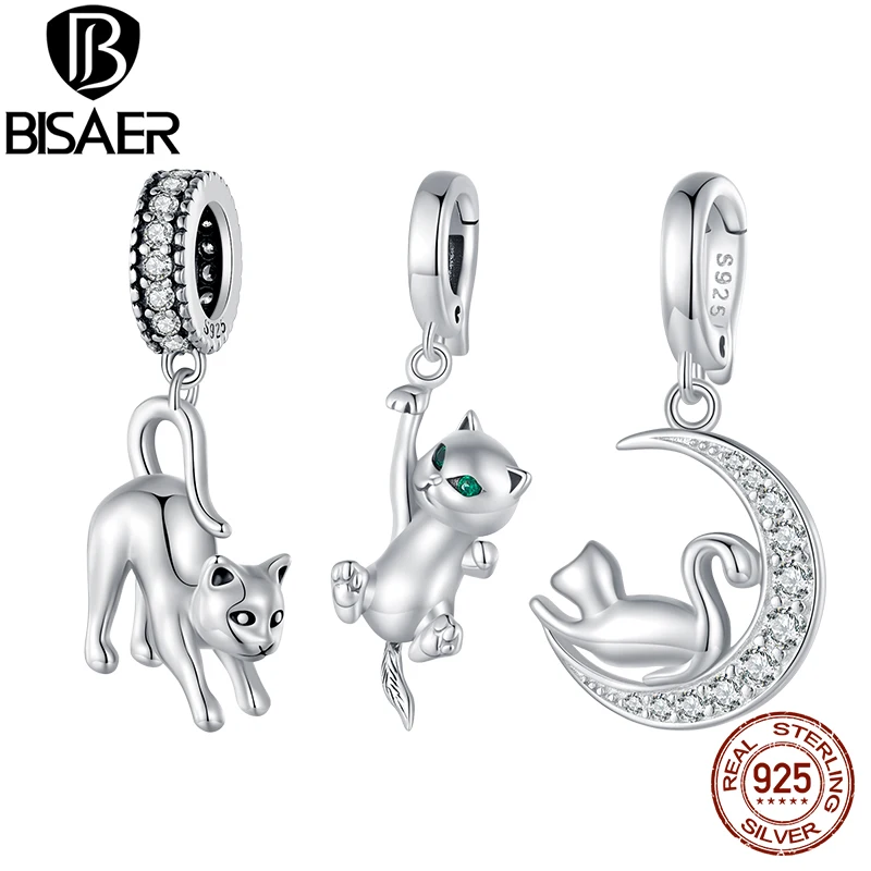 

BISAER 925 Sterling Moon and Cat Charm Bead Cute Animal Plated Platinum Pendant Fit Women DIY Bracelet Fine Jewelry ECC2571