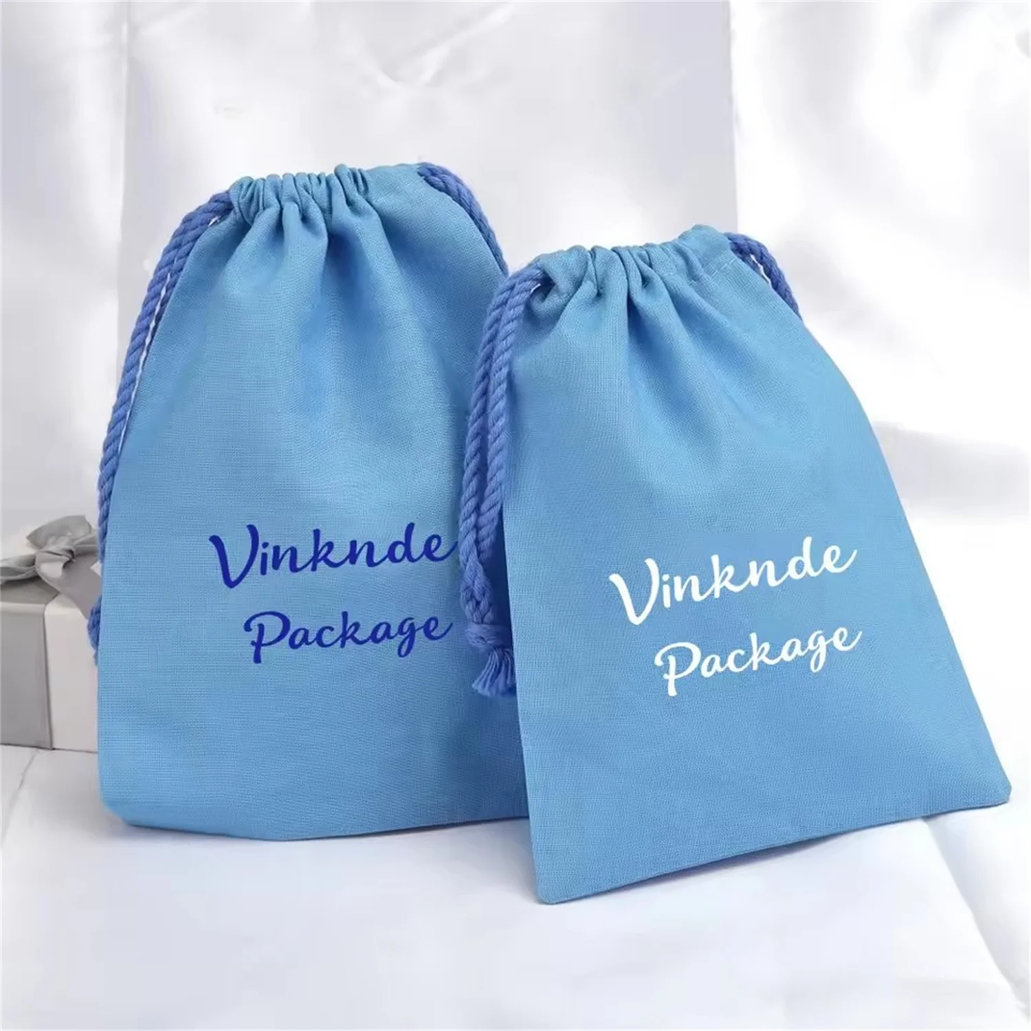 Personalized Logo Blue Cotton Muslin Drawstring Bag Jewelry Perfume Makeup Packing Organizer Bags High Quality Dust Gift Pouch