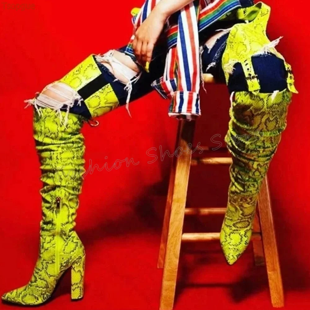 

Green Snakeskin Side Zipper Boots Pointed Toe Chunky High Heels High Heel Shoes for Women Heels 2025 New Zapatos Para Mujere