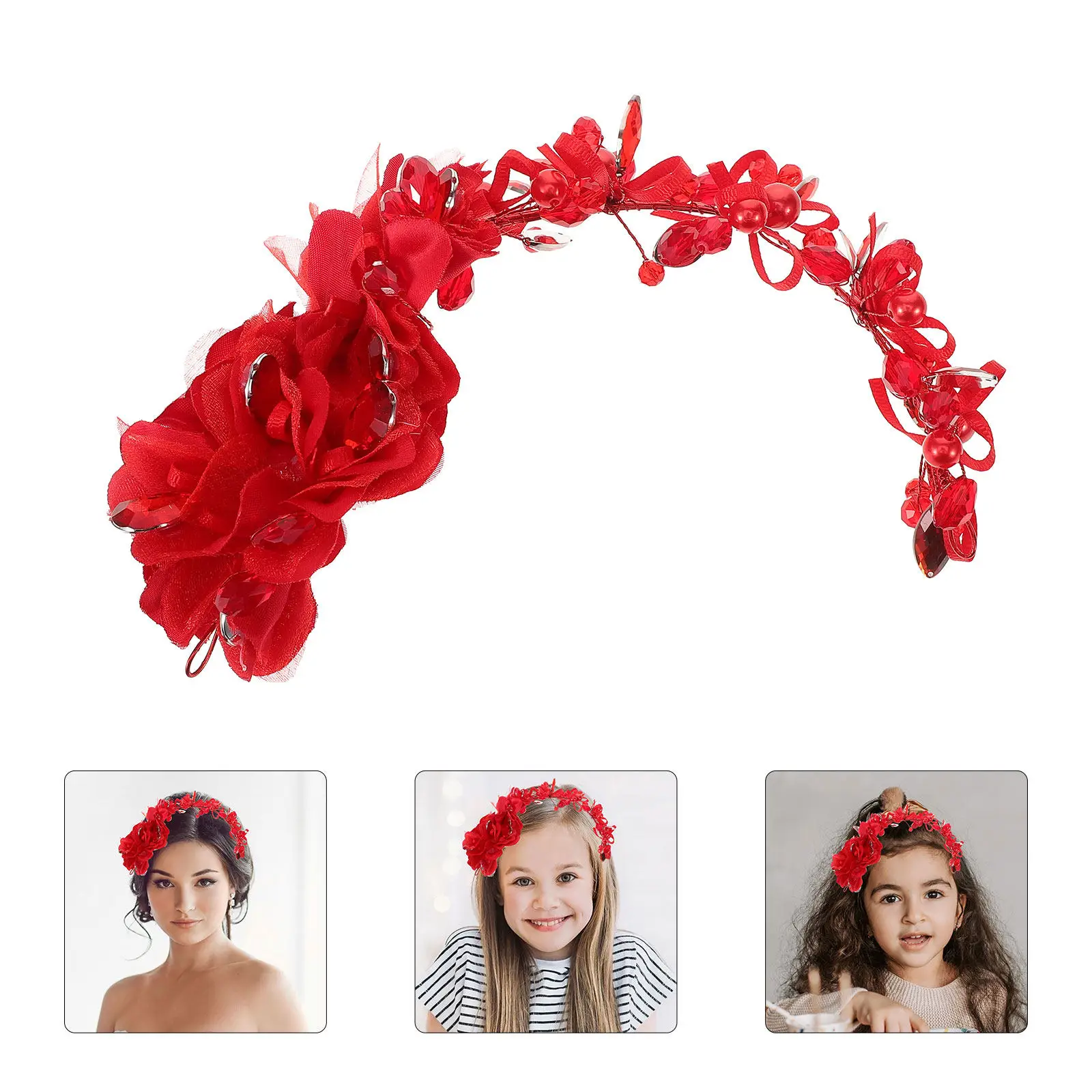 Kid Girl Headdress Red Pearl Rhinestone Child Hair Band Wedding Party Prom Costume Girl Hair Hoop Kid Headdress