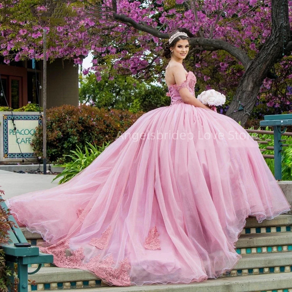 Angelsbridep Charming Princess Pink Ball Gown 15 Year Old Quinceanera Dresses Crystal Appliques Vestidos De 15 Anos