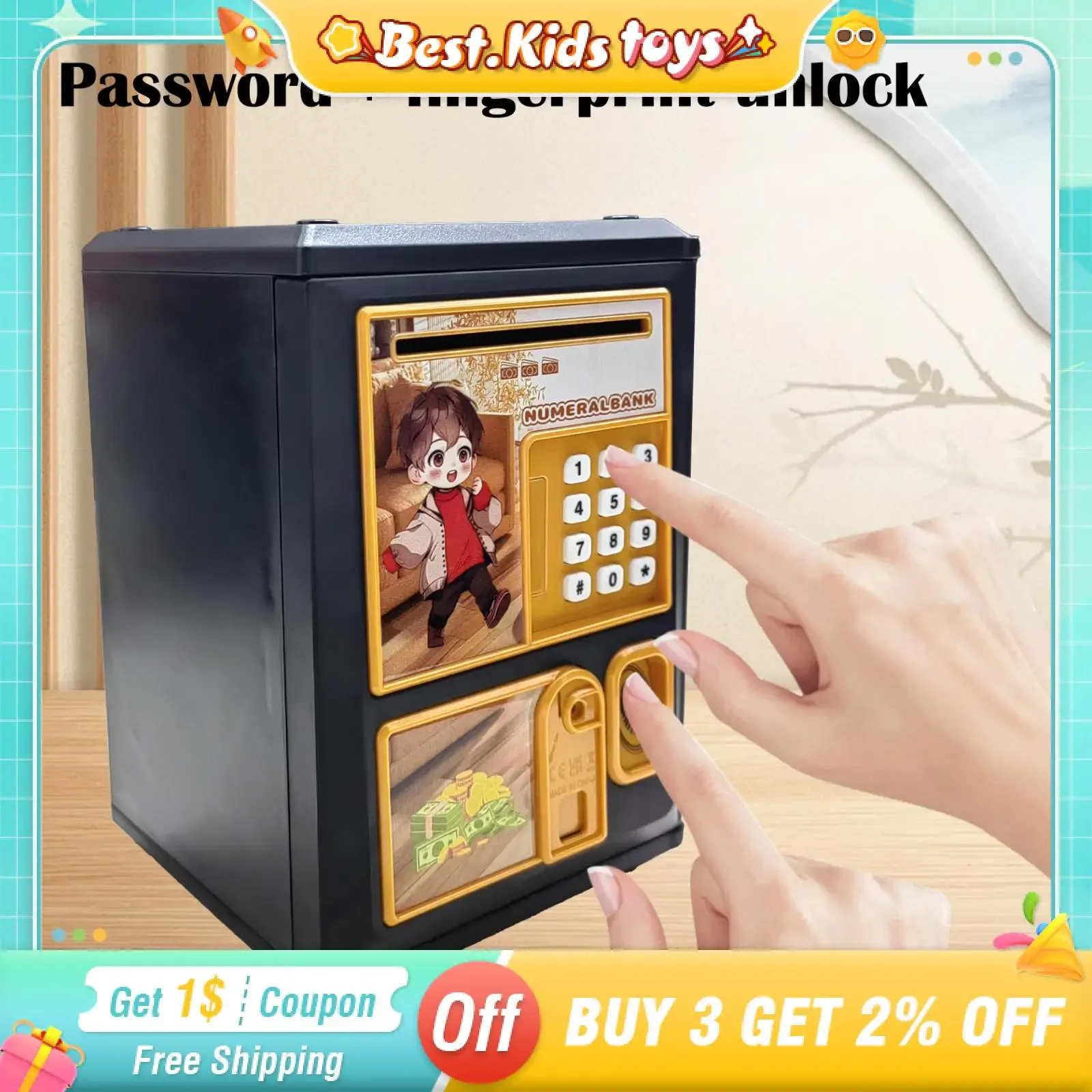 Tirelire de dessin animé pour enfants, mot de passe, pièce de monnaie à empreintes digitales, rouleau automatique, boîte d'économie d'argent, jouets, banque d'argent, cadeau de noël pour filles et garçons