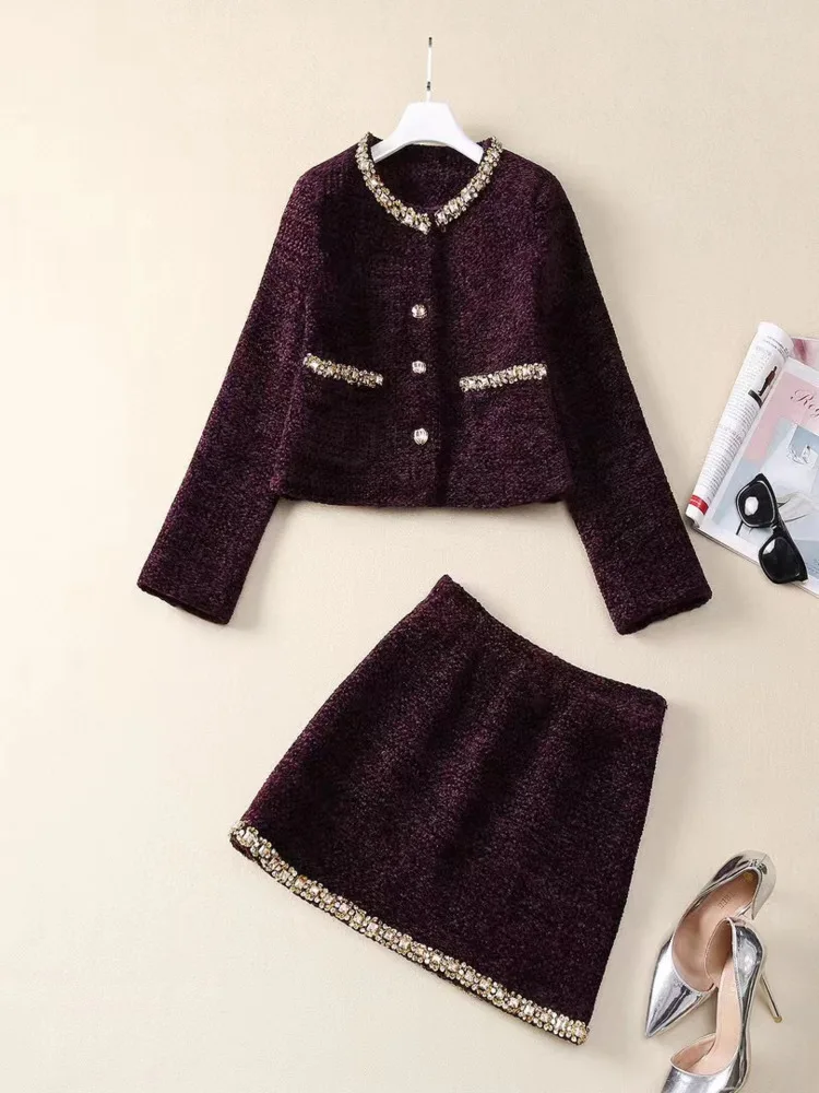 UCXQ Elegant Women\'s Sets Temperament Office Lady Beading Splicing O Neck Jacket Short Skirt Two-piece Set 2024 Spring Autumn 19