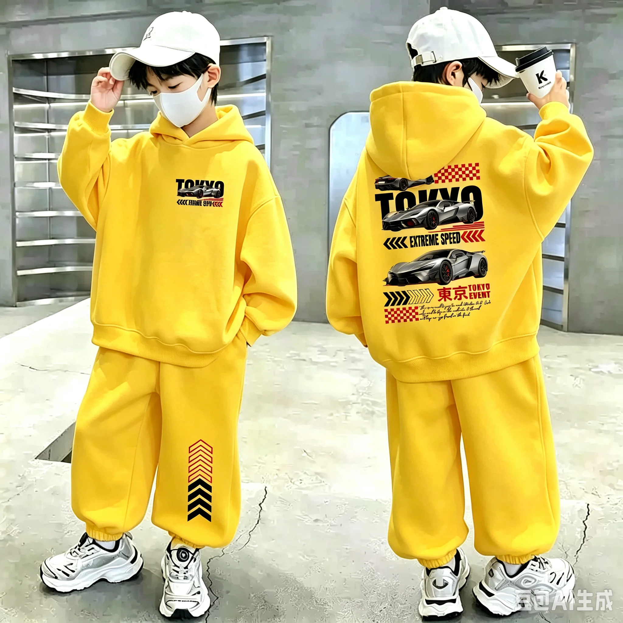 Boy's two-piece racing caped sports outfit - Children's long-sleeved hooded sweatshirt with shorts - Sports wear set
