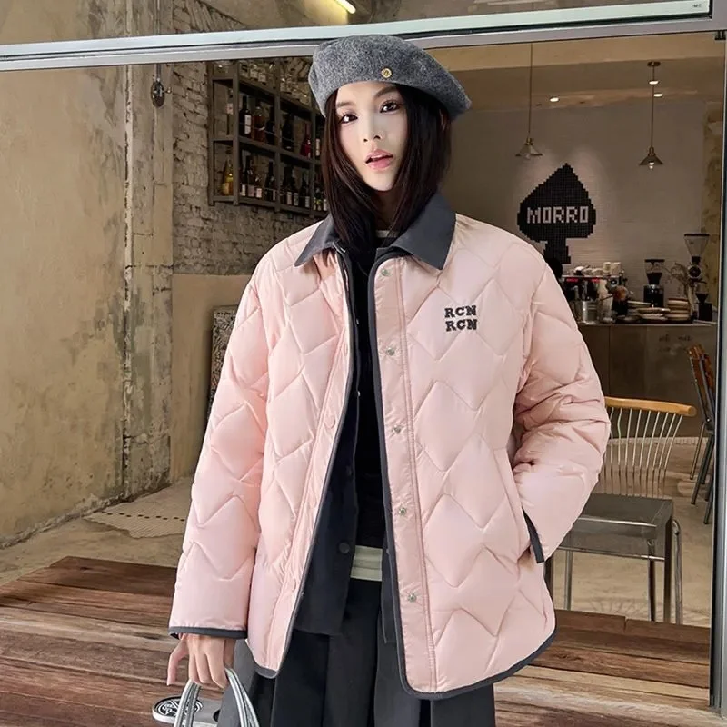 Women's Short Down Cotton Jacket Pink Parkas Round Neck Warm Coat Feminine Unique Autumn Winter Iight Fashion Outerwear