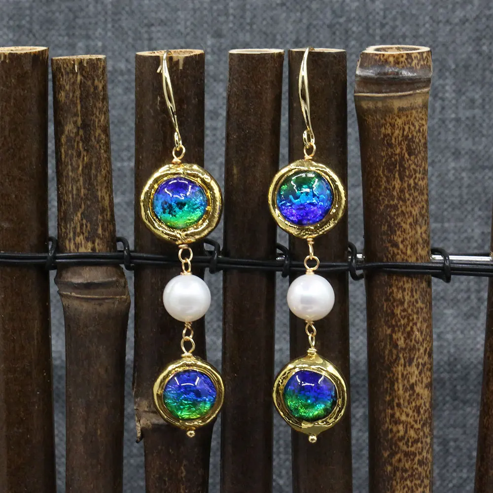 Cultured White Keshi Pearl Blue Murano Glass Dangle Hook Earrings