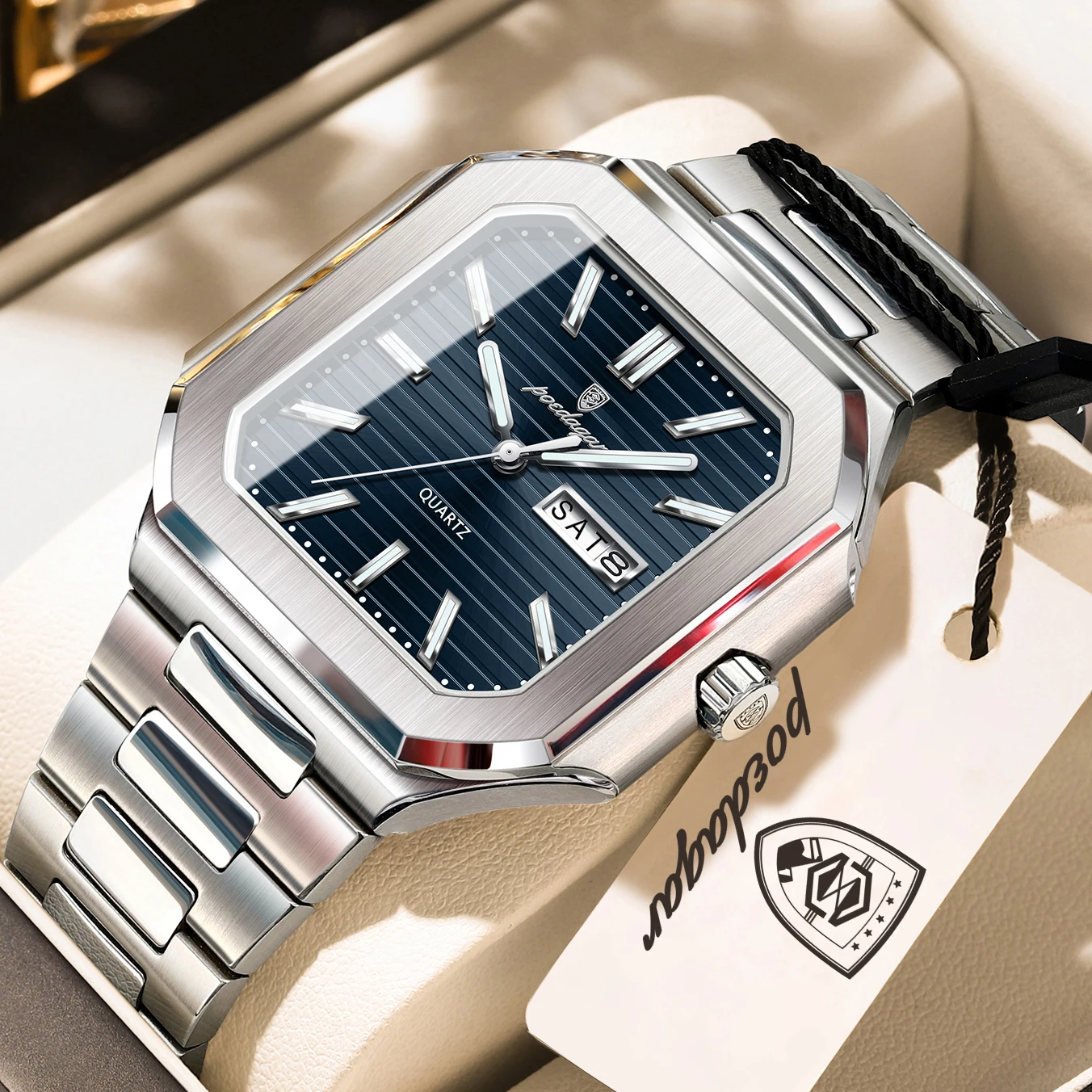 POEDAGAR Top Original Man Watch Luminous Waterproof Date Week Quartz Men Wristwatch Stainless Steel Square Fashion Men's Watches