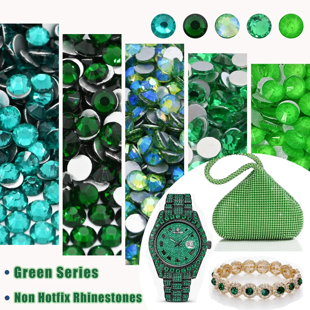 

SS6-SS30 Green Series Color Non Hotfix Rhinestones Glass Flatback Strass Super Glitter Nail Art Decoration For DIY Garment