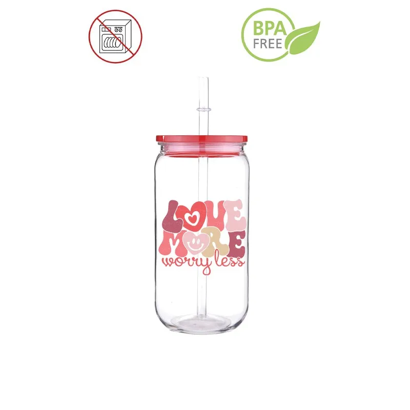 Valentine Theme Design Series Printed Transfer BPA Free Plastic Straw Cup Comes With Sreaw And Cup Lid Can Coffee 16 OZ