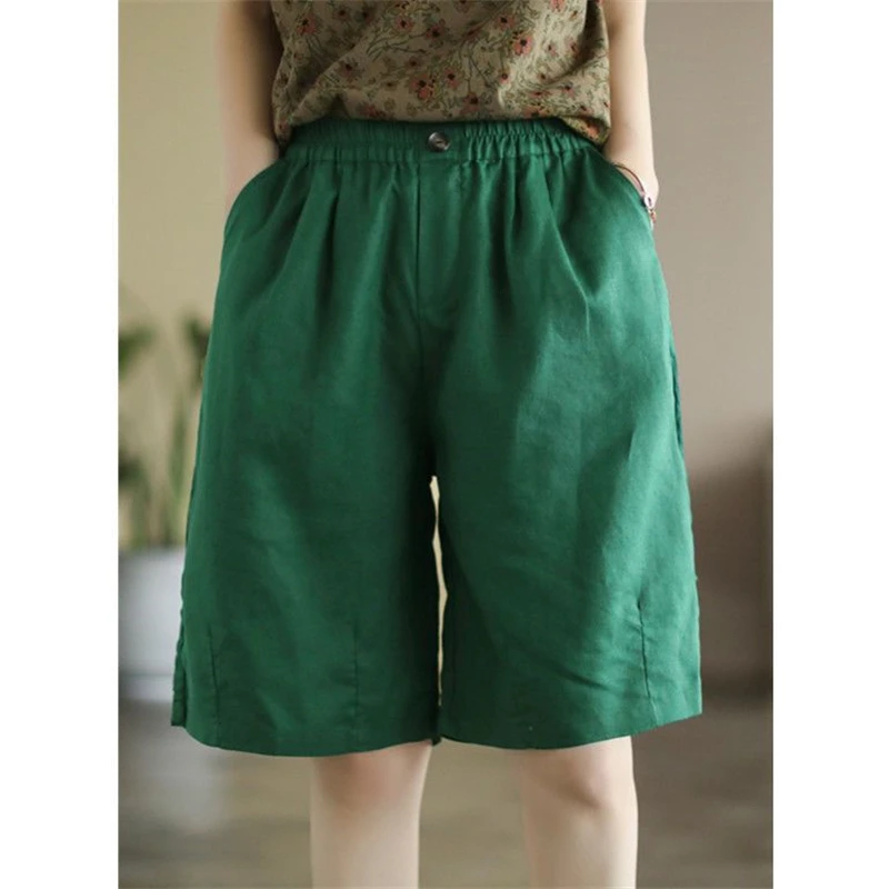 2024 Summer Women Vintage Simple Casual Cotton Linen Straight Short Pants Female Solid High Waist Pocket Loose Beach Shorts Ropa